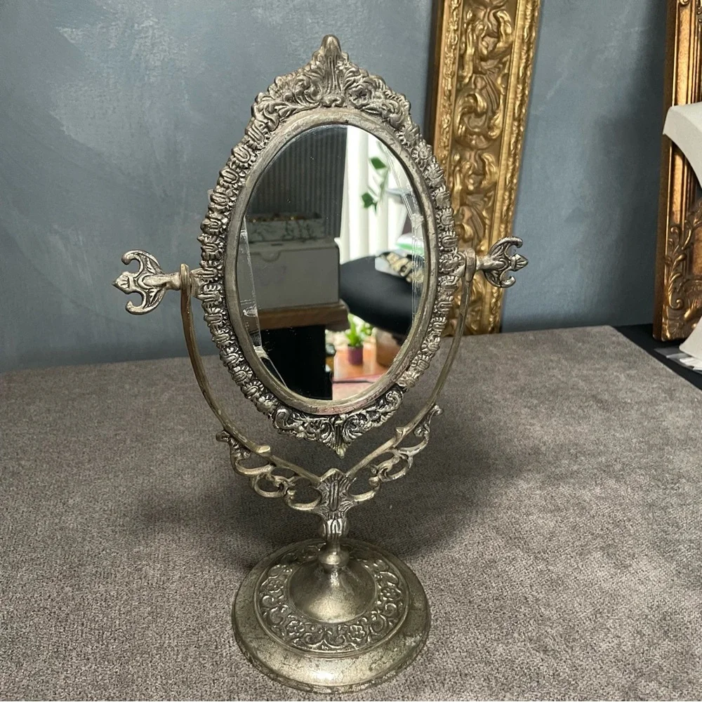 Vintage Ornate European Style Brass Toned Metal Vanity Mirror